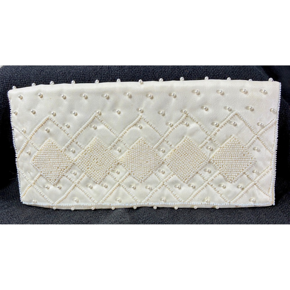 Vintage White Satin Beaded Evening Clutch Bag Faux Pearl Geometric Made in Japan